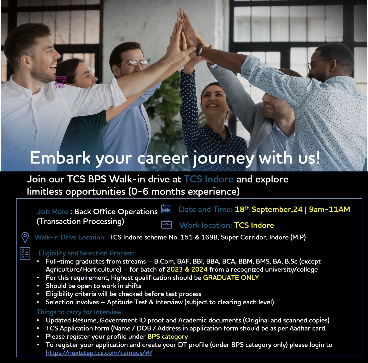 TCS BPS Walk-In Drive Indore for Fresh Graduates (2023 & 2024 Batch) – Apply Now