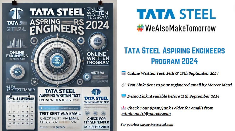 Tata Steel Aspiring Engineers Program 2024 online written test intimation. Test dates: 14th & 15th September 2024. Test link sent via email by Mercer Mettl. Demo link available before 11th September. Check inbox and spam folder for emails from admin.mettl@mercer.com. For queries, contact career@tatasteel.com