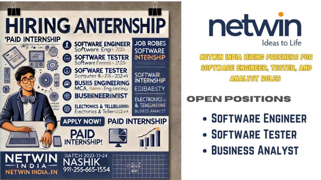 Netwin India is hiring for the following roles: Software Engineer Software Tester Business Analyst