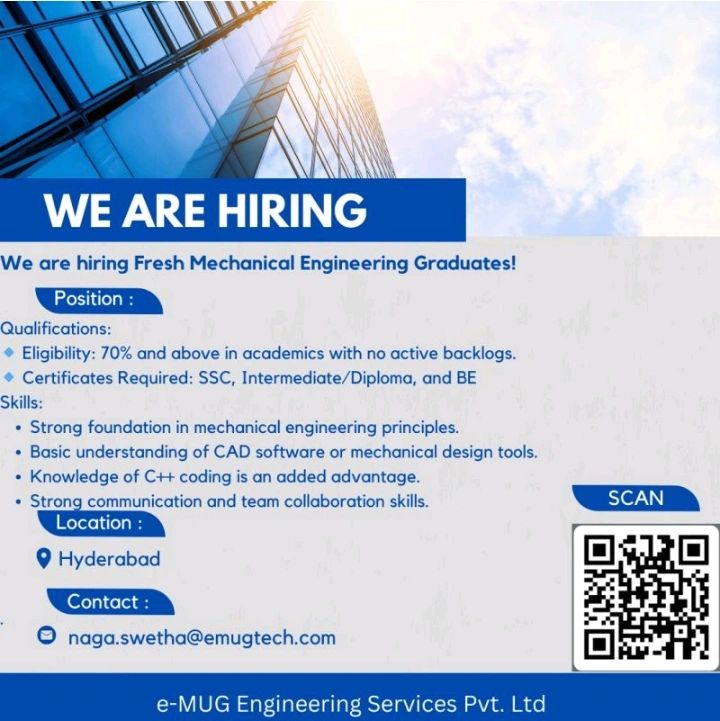 Graduate Mechanical Engineer working on a project in a dynamic team at e-MUG Engineering Services in Hyderabad.