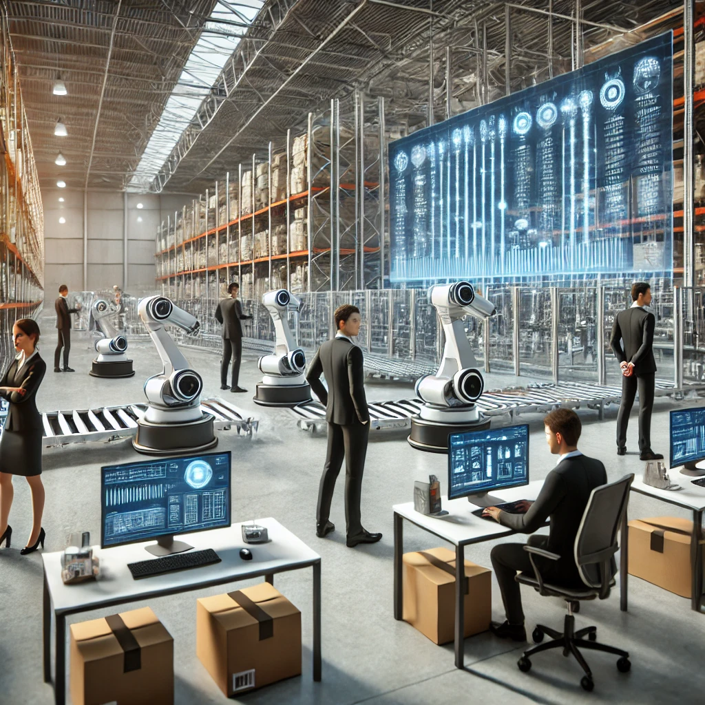 A professional work environment showcasing advanced warehouse automation technology, featuring sleek robots moving materials in a high-tech facility.