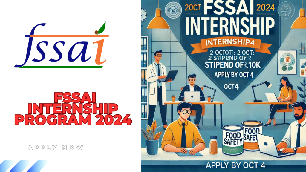 FSSAI Internship 2024 [Oct; 2-6 Months; Stipend of Rs. 10k]: Apply by Oct 4!  Contact Details
For any queries related to the internship application process, you can reach out to FSSAI through the following:

Email: internship-fssai@fssai.gov.in
Official Website: FSSAI Internship
Benefits of FSSAI Internship
Hands-On Experience: Work on real-time projects related to food safety and regulation.
Networking Opportunities: Interact with professionals from the food safety industry and government.
Skill Development: Enhance your knowledge of food laws, standards, and safety protocols.
Certificate of Internship: Receive a certificate upon successful completion of the internship.
Frequently Asked Questions (FAQ)
Question	Answer
Who can apply for the FSSAI internship?	Students pursuing a full-time Graduate/Postgraduate degree in relevant fields such as food tech, agriculture, or law.
What is the application deadline?	The deadline for the 2024 internship is October 4, 2024.
How to apply for the internship?	You can apply online by visiting the FSSAI Internship Portal.
What is the selection process?	Shortlisted candidates may need to submit a write-up or presentation. The final list will be published online.
Where is the internship located?	The internship is located at FSSAI Headquarters in New Delhi.
Can previous applicants apply again?	Yes, previous applicants must submit fresh applications.
Is there any stipend for this internship?	The details regarding stipend are not specified but you’ll gain invaluable experience and certification.
Apply for this amazing opportunity with FSSAI and gain crucial industry exposure in food safety and standards regulation. Don't miss the deadline—October 4, 2024.

For more details and to apply, visit the FSSAI Internship Portal.