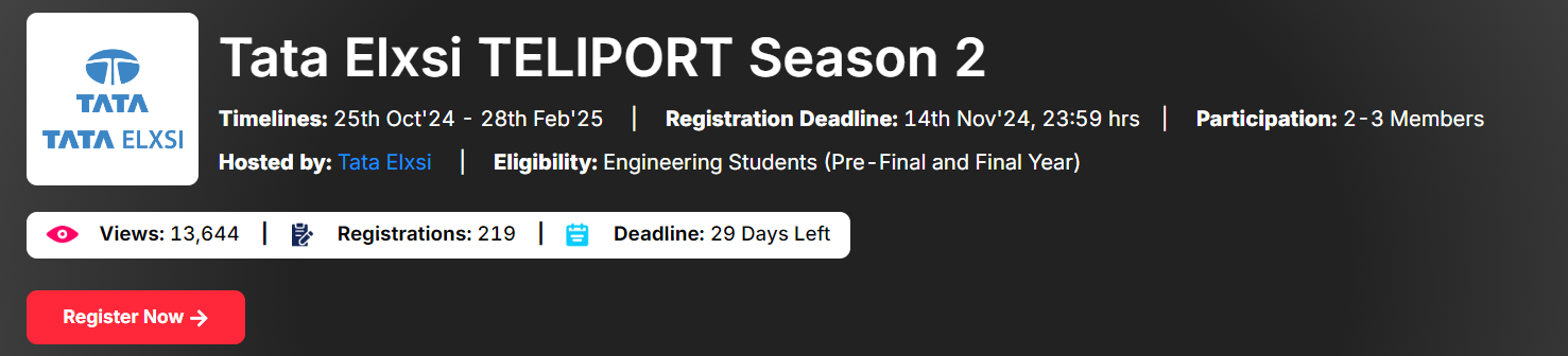 Participate in Tata Elxsi TELIPORT Season 2 – an exciting IDEA Challenge for engineering students. Showcase your creativity, compete for cash prizes, PPIs, and meet Tata Elxsi senior leaders.