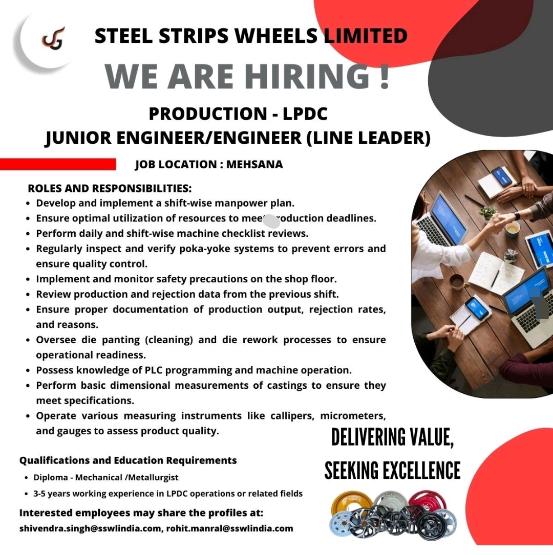 Steel Strips Wheels Limited (SSWL) is hiring for Junior Engineer/Engineer (Line Leader) in Production (LPDC) at Mehsana. Apply now to join a leading automotive manufacturing company