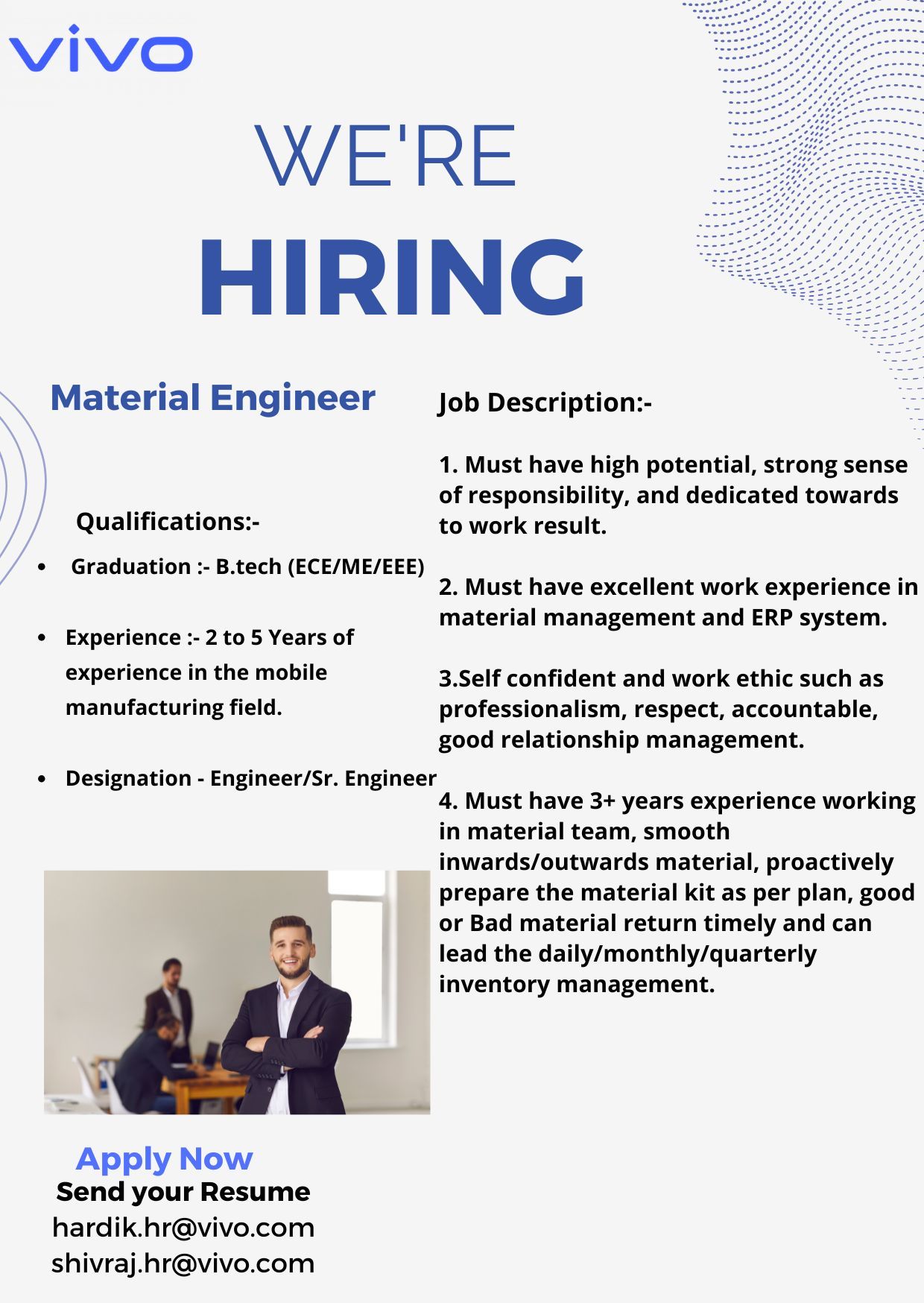 oin Vivo as a Material Engineer. Open to freshers and experienced professionals with 0–5 years in material management.