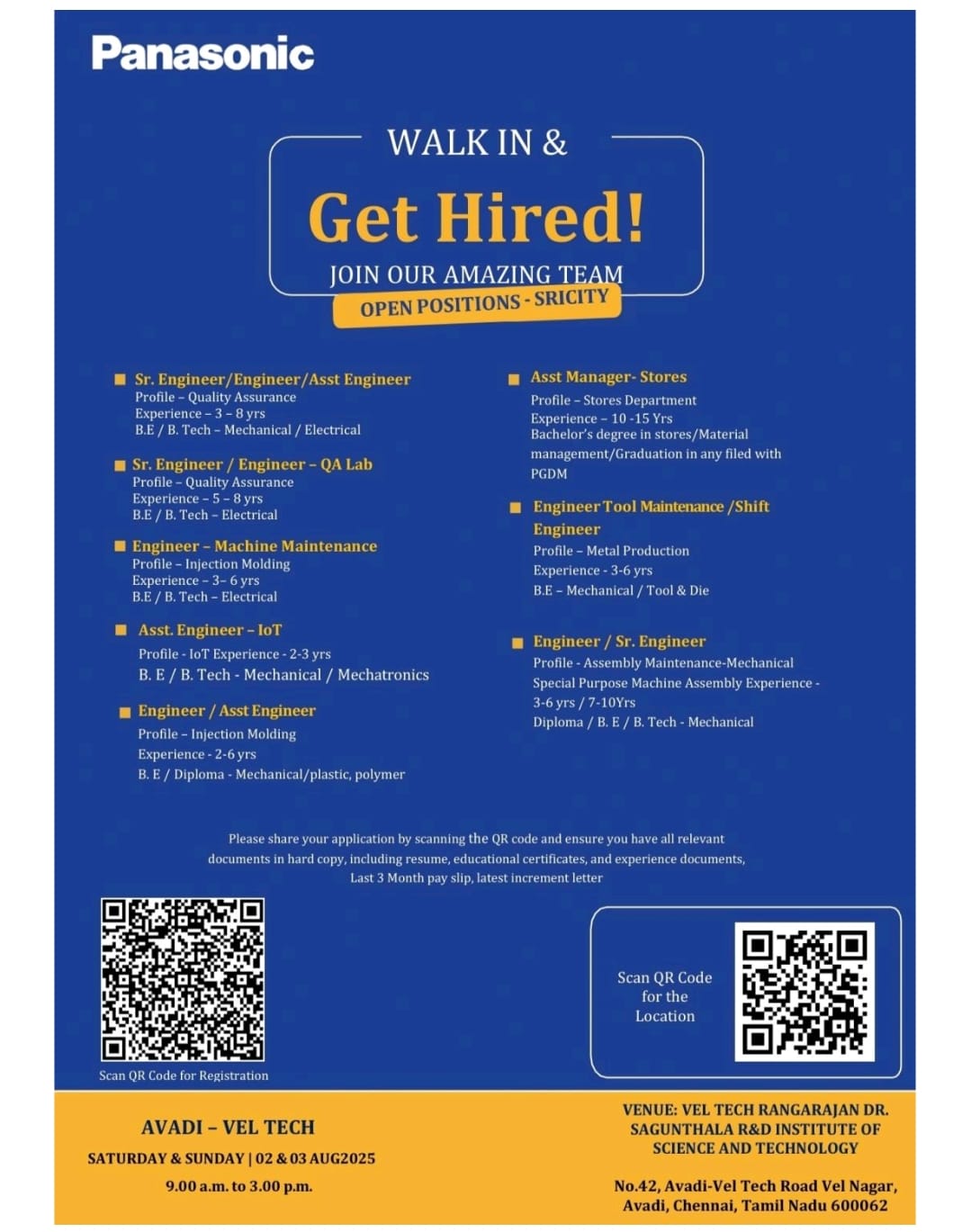 Panasonic jobs, Walk-in interview Panasonic, Engineering jobs Chennai, Mechanical engineer jobs, Electrical engineer jobs, Quality Assurance jobs, IoT engineer jobs, Machine Maintenance jobs, Injection Molding jobs, Stores Manager jobs, Tool Maintenance jobs, Shift Engineer jobs, Job vacancies Chennai, Panasonic careers, Avadi jobs, Vel Tech jobs, Manufacturing jobs India, Latest engineering jobs