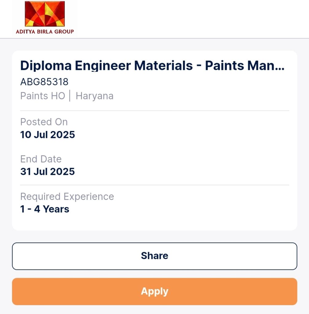 Aditya Birla Group’s OPUS Birla is hiring Diploma Engineers for Material Handling at its Paints Unit in Panipat, Haryana. Apply online before 31st July 2025. 1–4 years experience required.