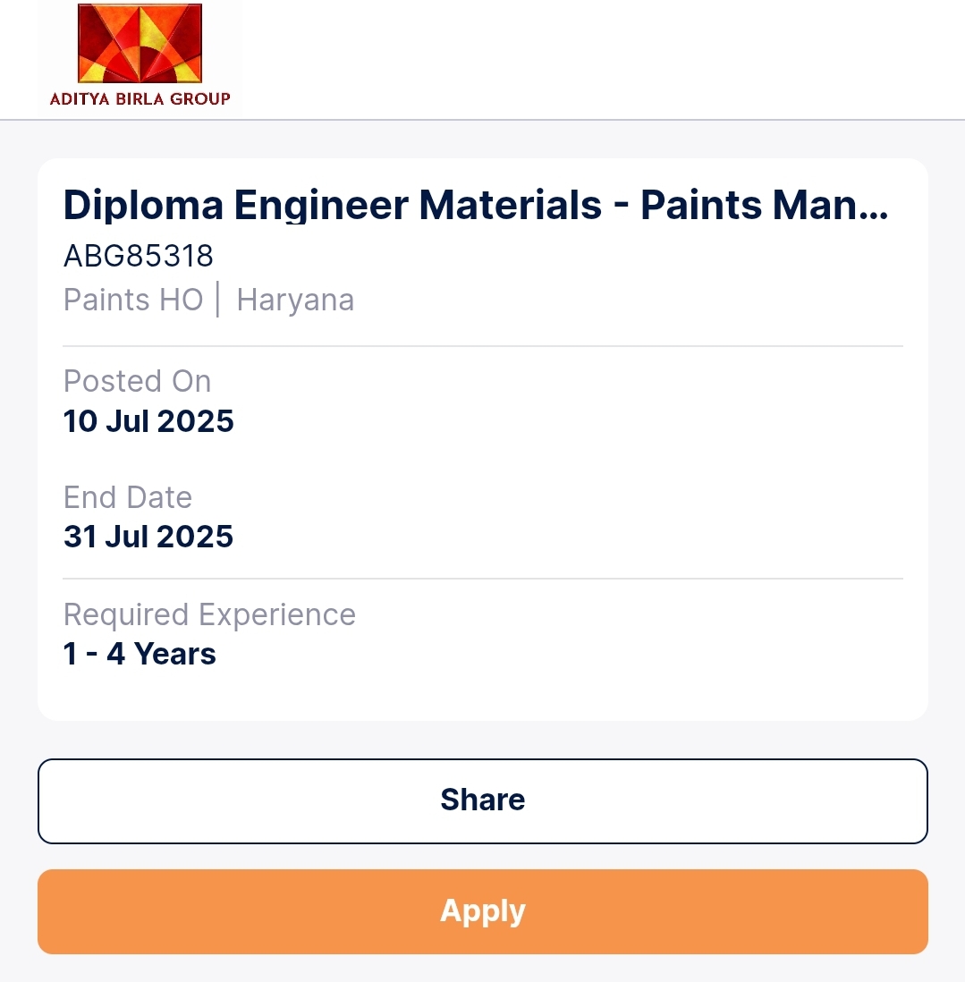 Aditya Birla Group’s OPUS Birla is hiring Diploma Engineers for Material Handling at its Paints Unit in Panipat, Haryana. Apply online before 31st July 2025. 1–4 years experience required.