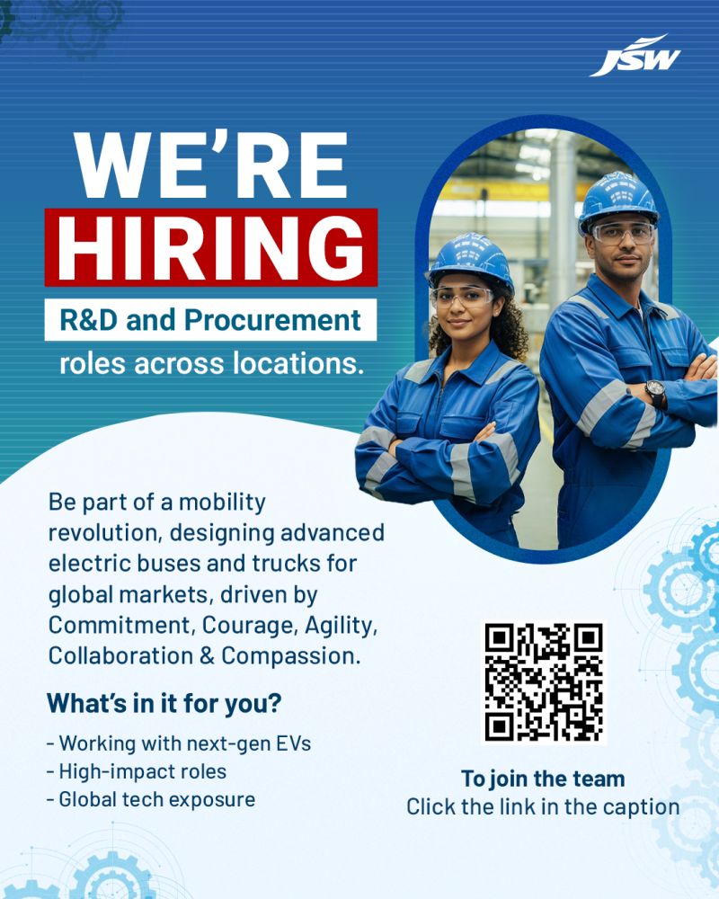 JSW Greentech hiring freshers and experienced engineers for EV R&D and procurement roles in 2026