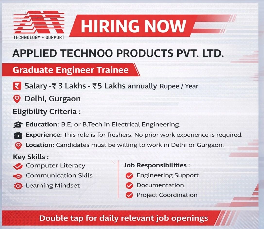 Applied Techno Products Pvt. Ltd. is hiring Graduate Engineer Trainee (GET) Electrical freshers for Delhi & Gurgaon. Apply via email now.