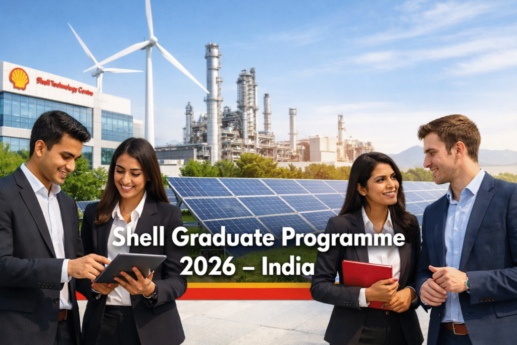 Create a professional, high-resolution featured image for “Shell Graduate Programme 2026 – India”. Visuals: modern energy infrastructure, wind turbines, solar panels, Shell technology center, young professionals in formal attire collaborating. Color palette: red, white, yellow, clean corporate style. Text overlay (minimal): “Shell Graduate Programme 2026 – India”. Style: realistic, global corporate, Google Discover optimized. Aspect ratio: 16:9 | Resolution: 1200×675 px.
