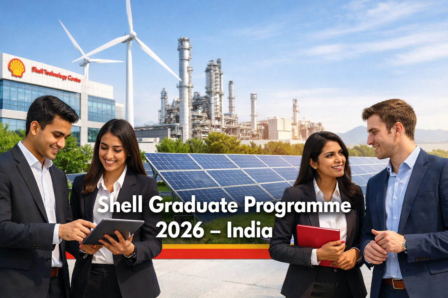 Create a professional, high-resolution featured image for “Shell Graduate Programme 2026 – India”. Visuals: modern energy infrastructure, wind turbines, solar panels, Shell technology center, young professionals in formal attire collaborating. Color palette: red, white, yellow, clean corporate style. Text overlay (minimal): “Shell Graduate Programme 2026 – India”. Style: realistic, global corporate, Google Discover optimized. Aspect ratio: 16:9 | Resolution: 1200×675 px.