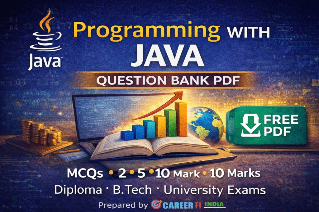 Programming with Java Question Bank PDF for Diploma, B.Tech & University exams. MCQs, 2, 5 & 10 mark answers. Free exam-oriented PDF by Career FI India.