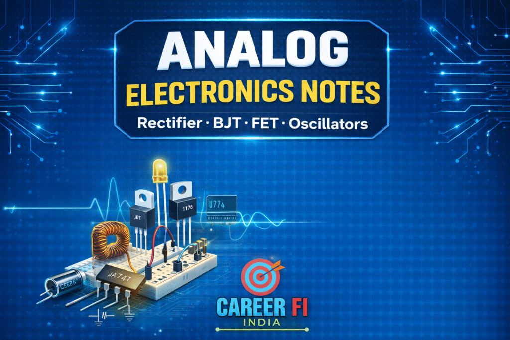 Download Analog Electronics notes PDF covering Rectifier, BJT, JFET, MOSFET, Clippers and Oscillators. Exam-oriented guide by Career FI India.