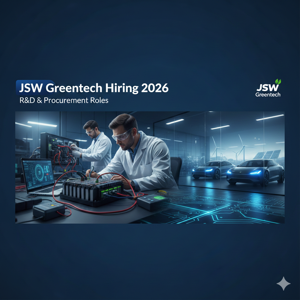 JSW Greentech has opened hiring for freshers and experienced professionals across R&D and Procurement functions in Pune and Mumbai. The roles focus on EV technology, battery systems, and advanced automotive engineering under the JSW Group’s clean mobility vision.