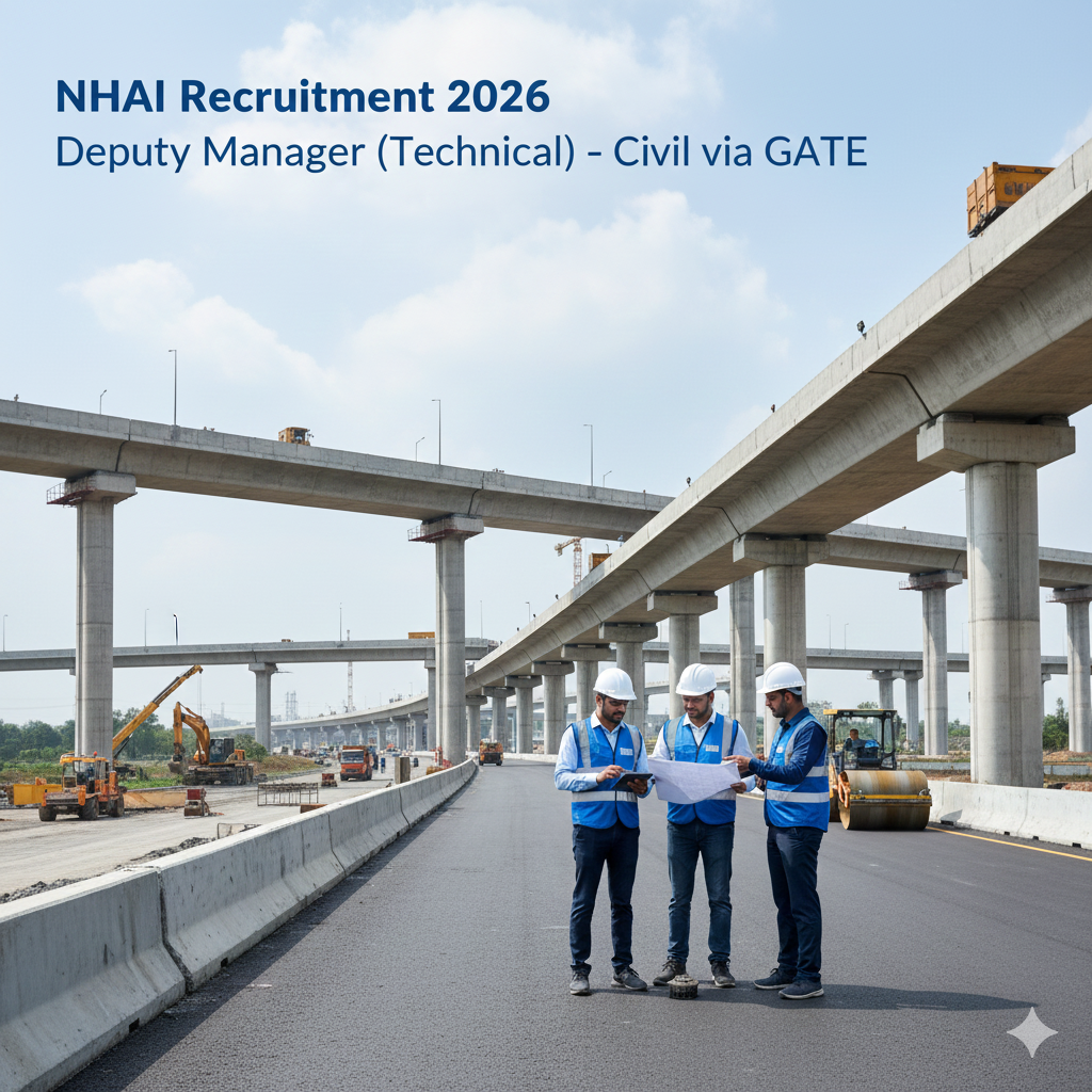 A professional, high-resolution image showing Indian highway infrastructure, expressways, bridges, and civil engineers wearing safety helmets and reflective jackets inspecting road construction. Clean corporate style with blue and grey tones. Add minimal text overlay: “NHAI Recruitment 2026” “Deputy Manager (Technical) – Civil via GATE” Aspect ratio 16:9, resolution 1200×675, realistic, professional, suitable for government job portal and Google Discover.