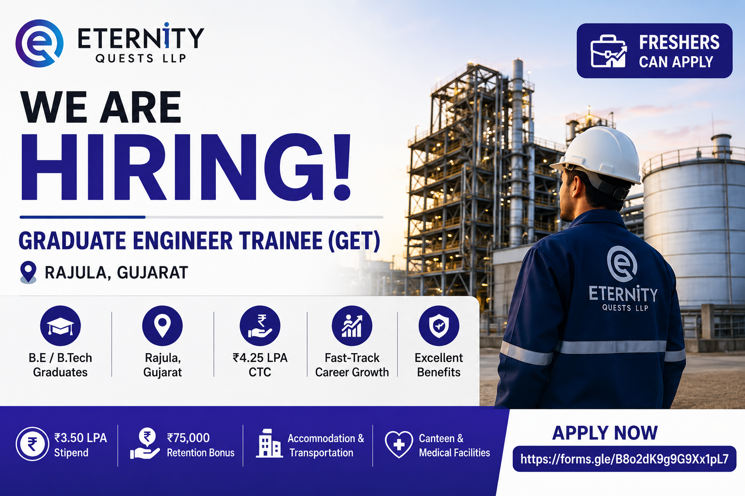 Apply for Eternity Quests LLP GET Recruitment 2026. BE/BTech freshers can apply for Graduate Engineer Trainee roles in Gujarat with ₹4.25 LPA package, stipend, bonus, and benefits.