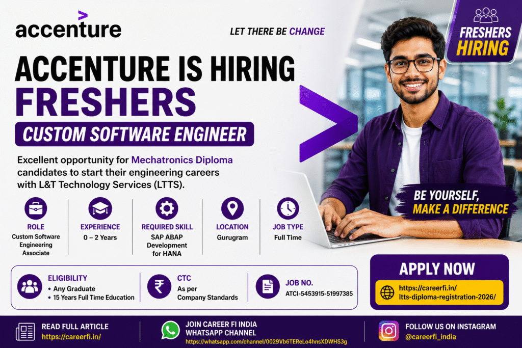 Apply for Accenture Custom Software Engineer Recruitment 2026. Freshers and candidates with 0-2 years experience can apply for SAP ABAP Development for HANA role in Gurugram.
