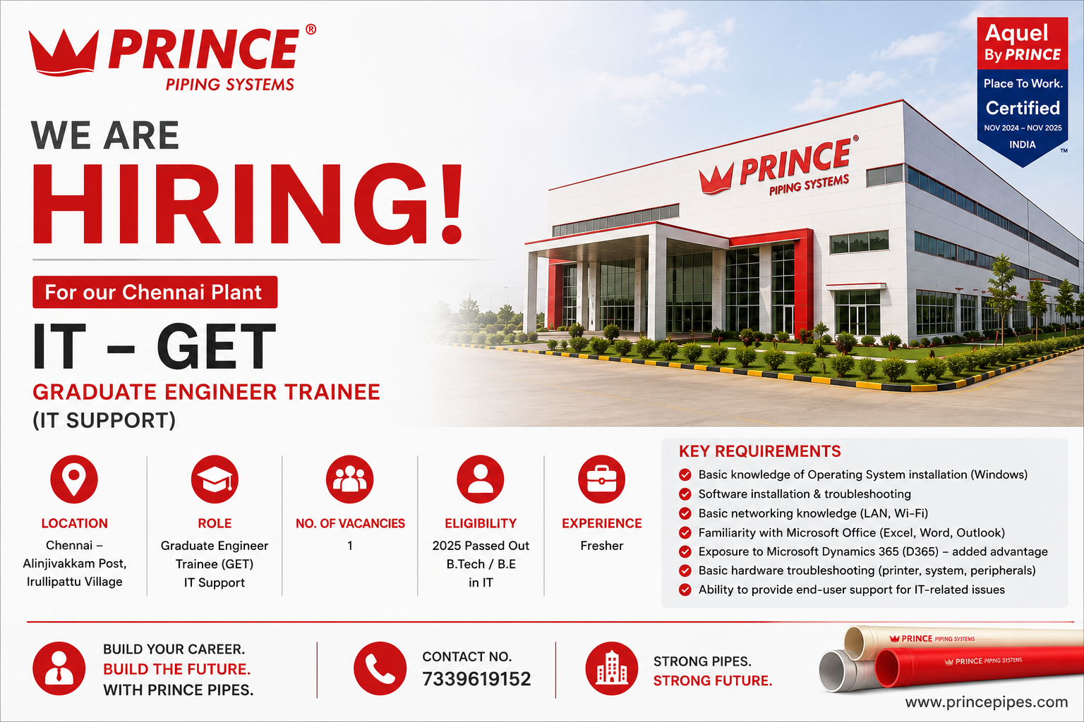 Prince Pipes GET Recruitment 2026 | IT Graduate Engineer Trainee Hiring ...