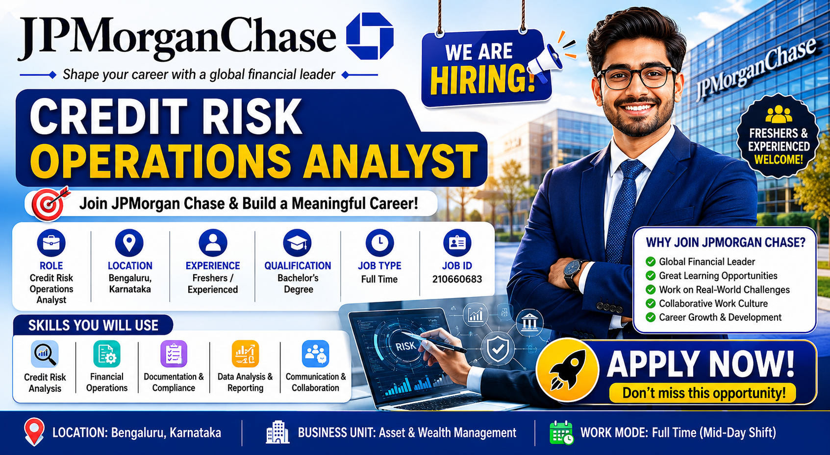 Apply for JPMorgan Chase Credit Risk Operations Analyst Recruitment 2026. Freshers and experienced candidates can apply for Bengaluru location. Check eligibility, responsibilities, and application process.