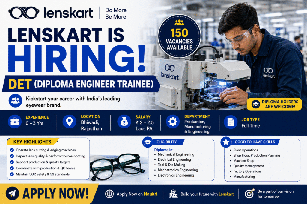 Apply for Lenskart DET Recruitment 2026. Diploma holders in Mechanical, Electrical, Mechatronics, Electronics, and Tool & Die can apply for Diploma Engineer Trainee jobs in Bhiwadi.