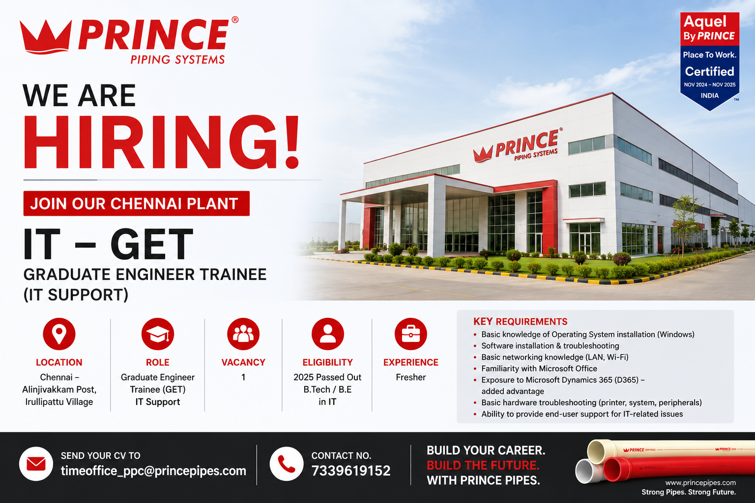 Apply for Prince Pipes GET Recruitment 2026 for IT Graduate Engineer Trainee role in Chennai. 2025 BE/BTech IT freshers can apply. Check eligibility, skills, and application details.