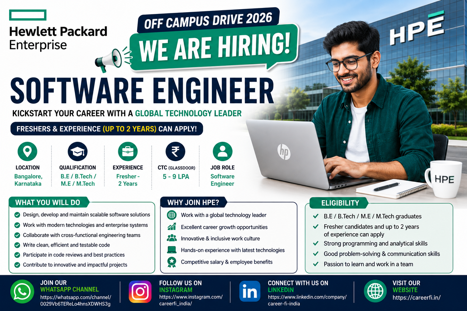Apply for HP Enterprise Off Campus Drive 2026 for Software Engineer role in Bangalore. BE/BTech/ME/MTech freshers and experienced candidates can apply. Check eligibility, salary, and application process.