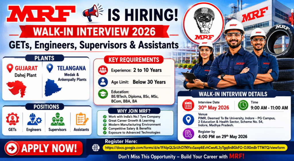 MRF Walk-In Interview 2026 | Hiring Engineers, Supervisors & Assistants