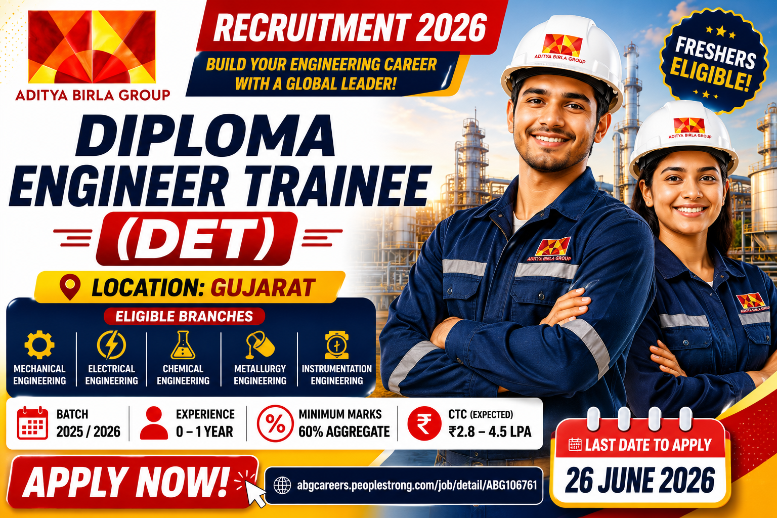 Aditya Birla Group Recruitment 2026 for Diploma Engineer Trainee (DET) | Freshers Apply | Gujarat
