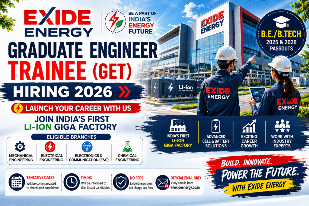 Exide Energy Recruitment 2026 announced for Graduate Engineer Trainee (GET) positions. B.E/B.Tech 2025 and 2026 passouts from Mechanical, Electrical, E&C and Chemical Engineering can apply for India's first Li-ion Giga Factory.