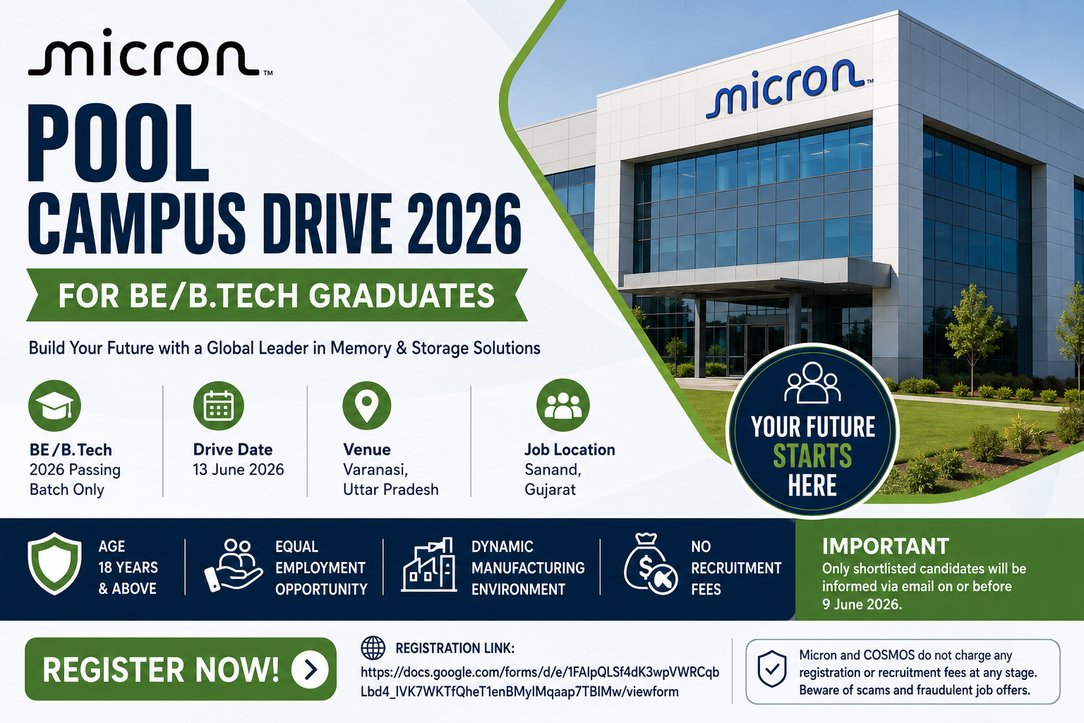 Micron Technology Pool Campus Drive 2026 for BE/B.Tech Students | 2026 Batch | Sanand Gujarat Jobs