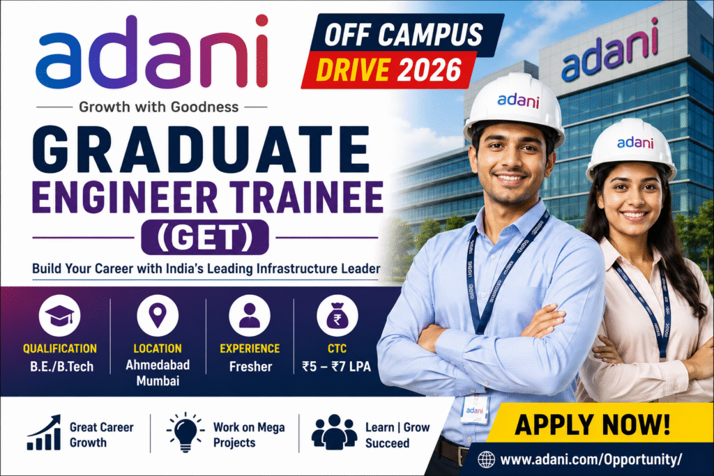 Adani Off Campus Drive 2026 announced for Graduate Engineer Trainee (GET) positions. B.E./B.Tech freshers can apply for Ahmedabad and Mumbai locations with salary up to ₹7 LPA.