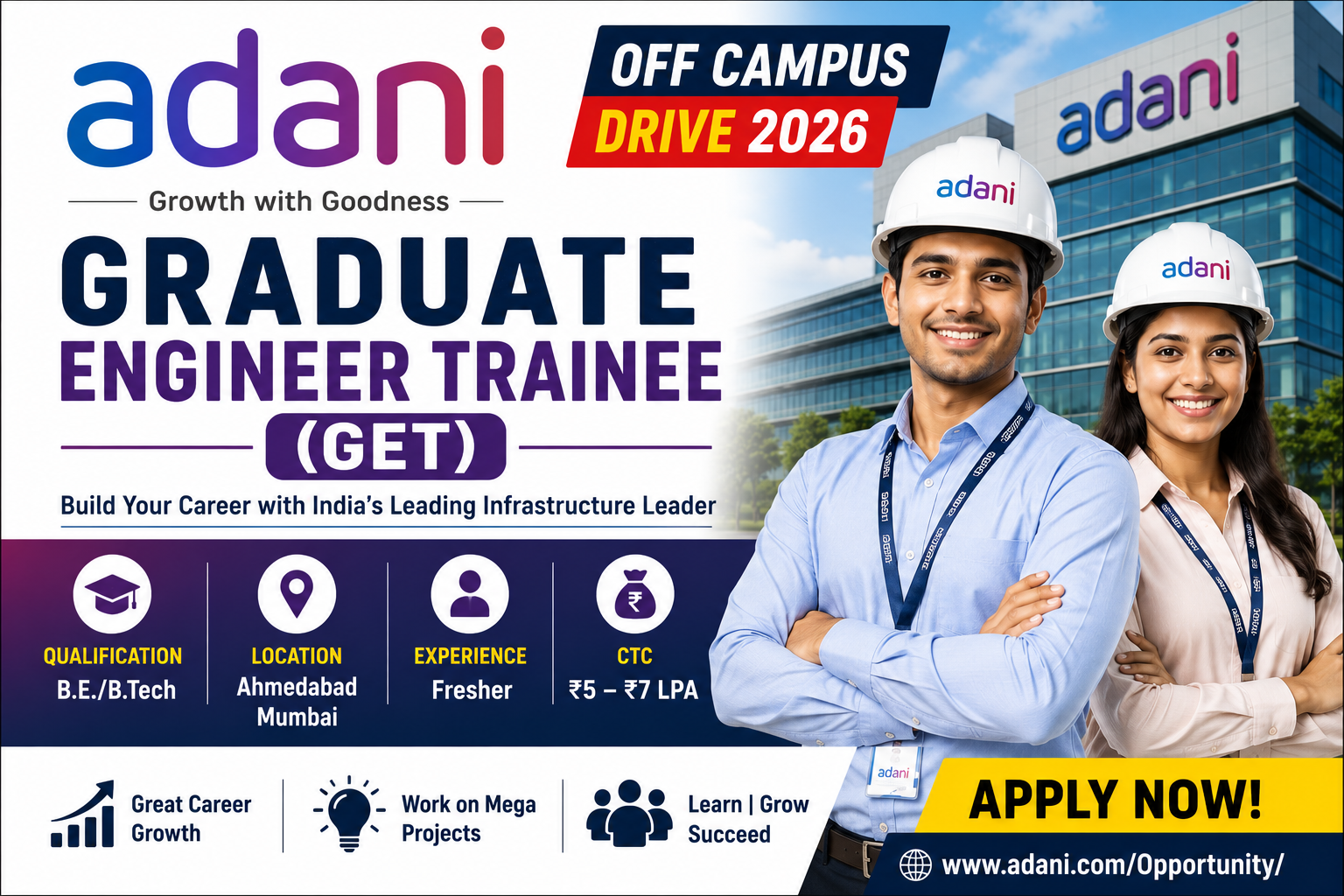 Adani Off Campus Drive 2026 announced for Graduate Engineer Trainee (GET) positions. B.E./B.Tech freshers can apply for Ahmedabad and Mumbai locations with salary up to ₹7 LPA.