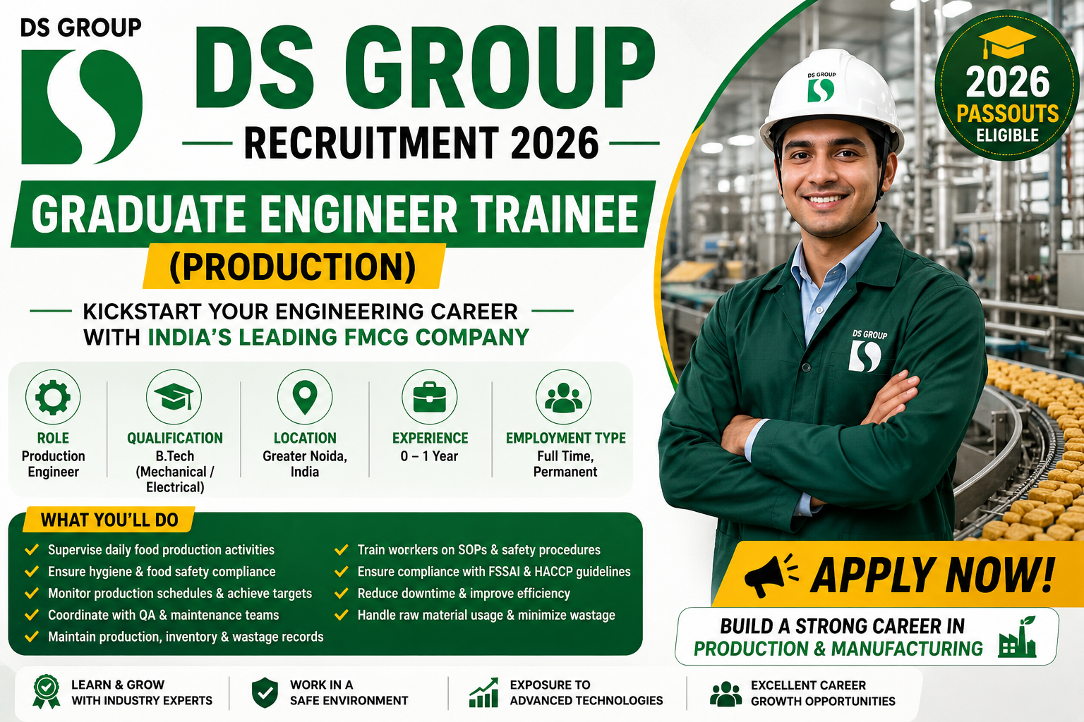 DS Group hiring Graduate Engineer Trainees for Production Operations in Greater Noida.