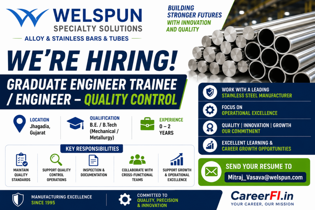 Welspun Specialty Solutions Recruitment 2026 for Graduate Engineer Trainee (GET) and Engineer – Quality Control. Female Mechanical and Metallurgy Engineering graduates with 0–2 years experience can apply for Jhagadia, Gujarat.
