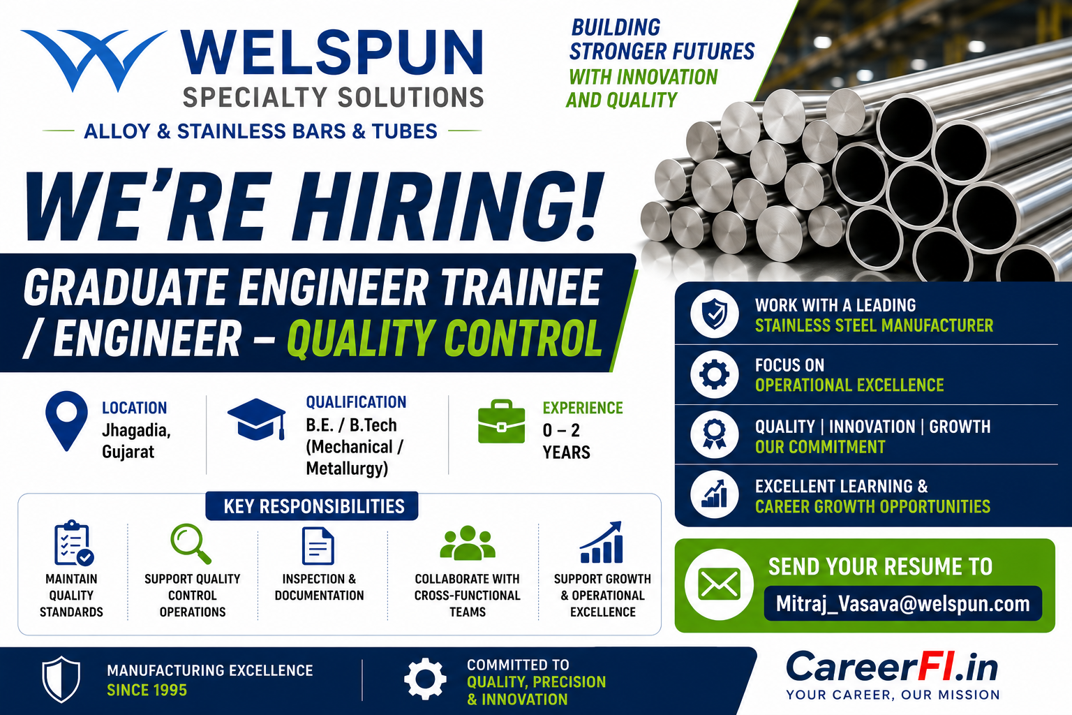 Welspun Specialty Solutions Recruitment 2026 for Graduate Engineer Trainee (GET) and Engineer – Quality Control. Female Mechanical and Metallurgy Engineering graduates with 0–2 years experience can apply for Jhagadia, Gujarat.
