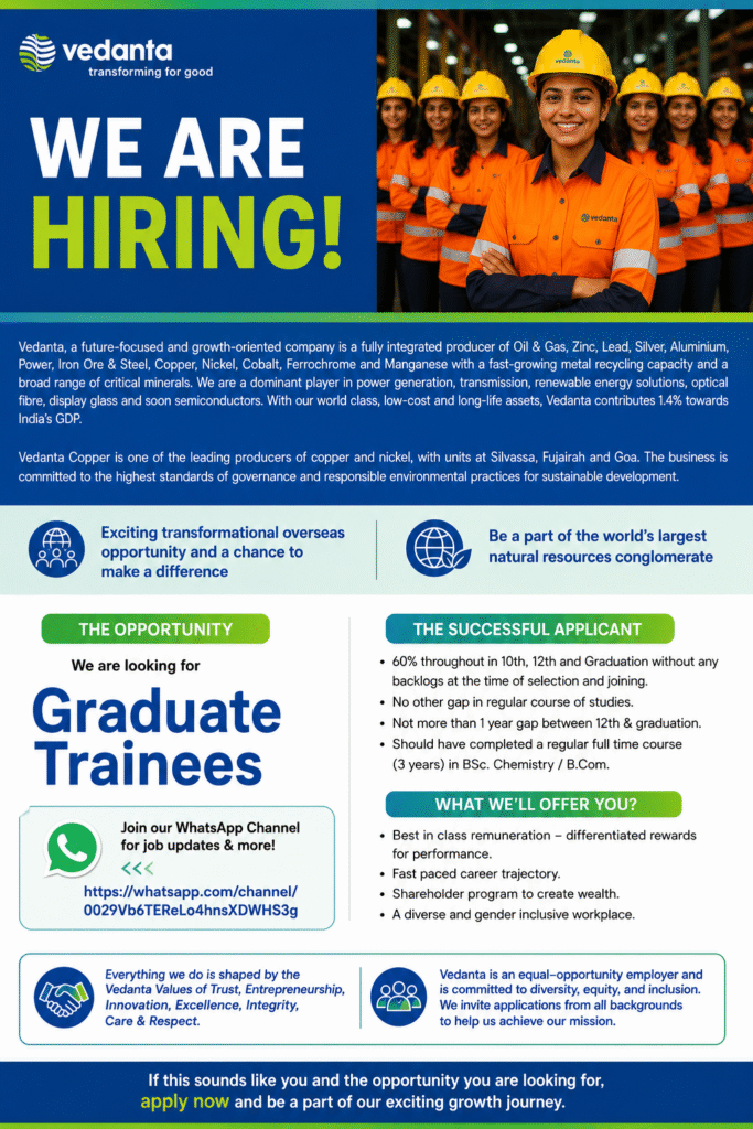 Vedanta Copper Recruitment 2026 Graduate Trainee Hiring for Fresh Graduates