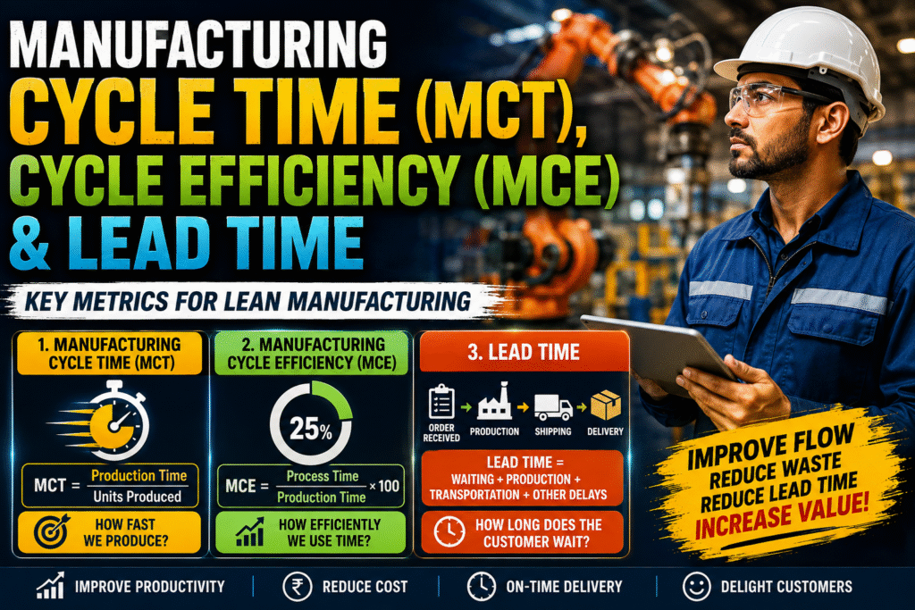 An educational infographic explaining Manufacturing Cycle Time (MCT), Manufacturing Cycle Efficiency (MCE), and Lead Time using formulas, examples, and Lean Manufacturing principles.
