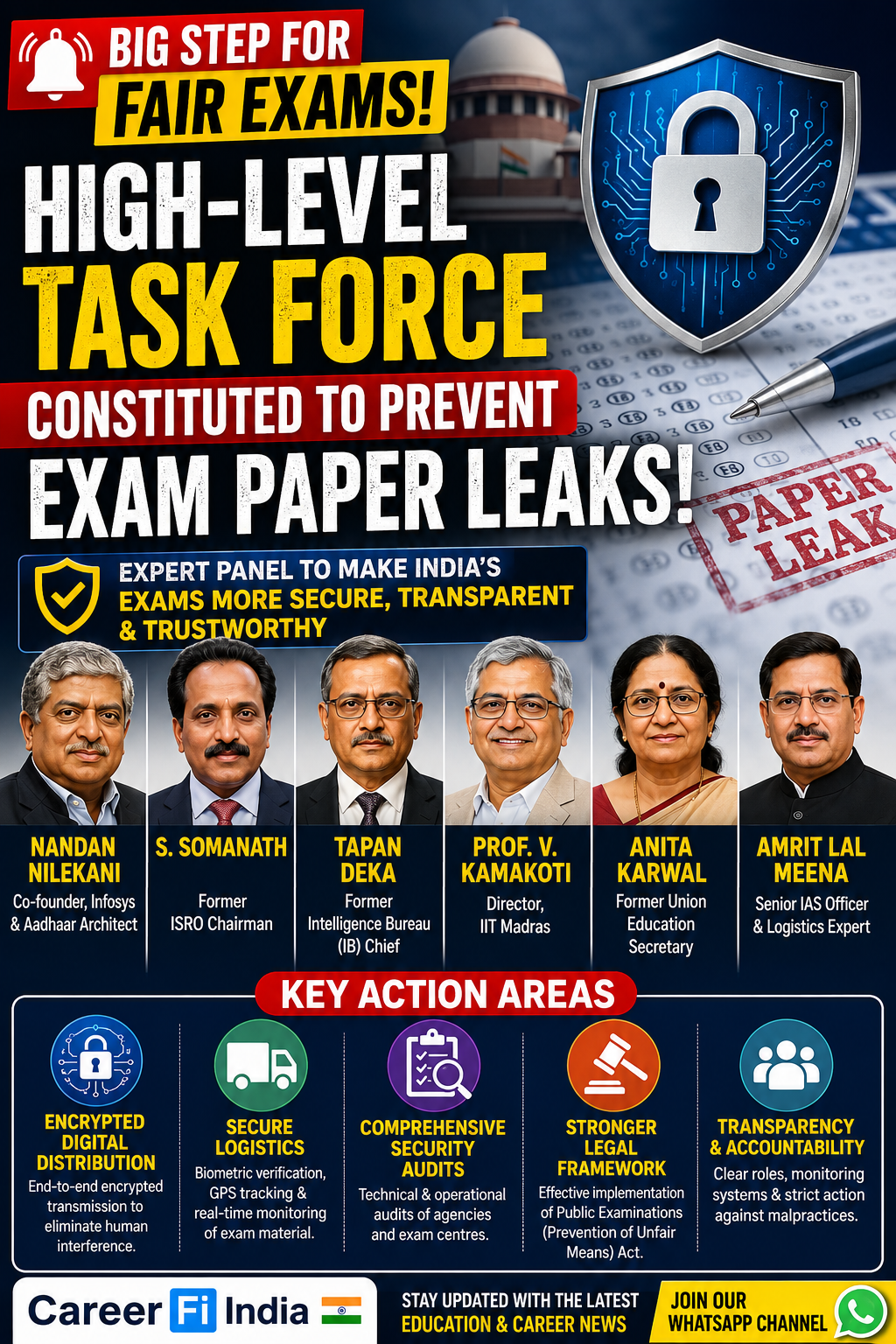 🚨 High-Level Task Force Constituted to Prevent Exam Paper Leaks

In a major step to strengthen the integrity of national competitive examinations, a high-level expert panel has been formed to tackle exam paper leaks through technology, intelligence, cybersecurity, and administrative reforms.

👥 Expert Panel

🔹 Nandan Nilekani – Co-founder, Infosys & Aadhaar Architect
💡 Focus: Encrypted digital infrastructure and secure, scalable technology.

🔹 S. Somanath – Former ISRO Chairman
🛰️ Focus: High-security system design, operational excellence, and execution protocols.

🔹 Tapan Deka – Former Intelligence Bureau (IB) Chief
🛡️ Focus: Anti-fraud measures, intelligence-based risk assessment, and secure handling systems.

🔹 Prof. V. Kamakoti – Director, IIT Madras
🔐 Focus: Cybersecurity, secure question paper transmission, and digital integrity.

🔹 Anita Karwal – Former Union Education Secretary
📚 Focus: Policy reforms, administrative oversight, and student-centric governance.

🔹 Amrit Lal Meena – Senior IAS Officer & Logistics Expert
🚚 Focus: End-to-end security of the question paper supply chain—from printing presses to exam centres.

🎯 Key Action Areas

✅ Encrypted Digital Distribution – End-to-end encrypted transmission of question papers to eliminate human interference.

✅ Secure Logistics – Multi-layer security with biometric authentication, GPS tracking, and real-time monitoring.

✅ Comprehensive Security Audits – Technical and operational audits of testing agencies and examination centres.

✅ Stronger Legal Framework – Recommendations for effective implementation of the Public Examinations (Prevention of Unfair Means) Act.

📌 A significant initiative aimed at making India's competitive examinations more secure, transparent, and trustworthy.

Career Fi India 🇮🇳
CareerFi.in