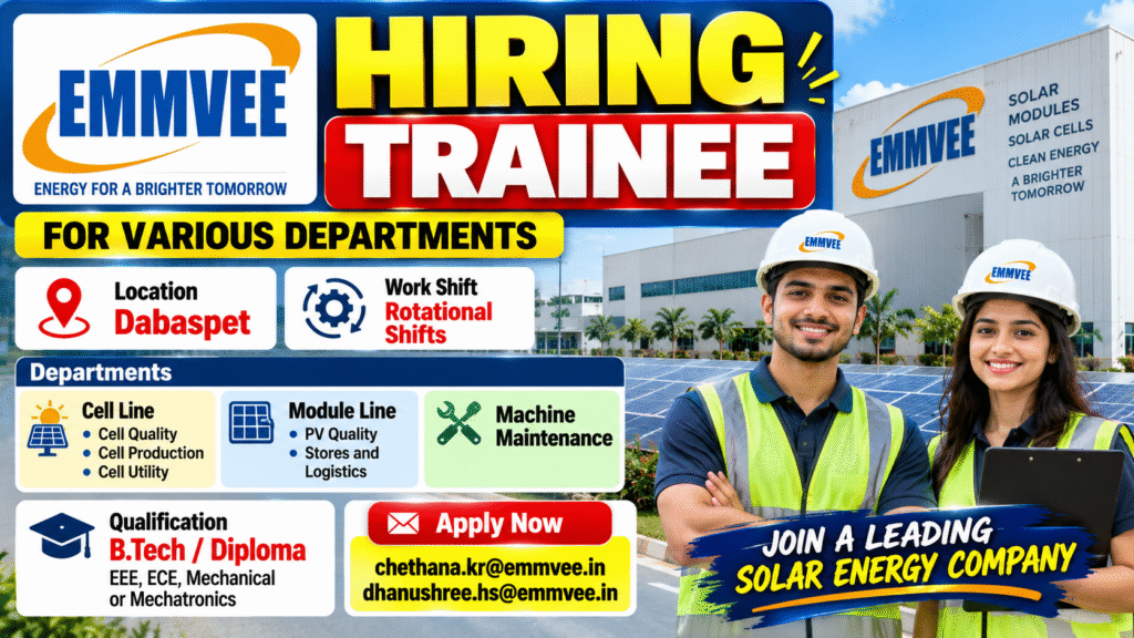 EMMVEE Recruitment 2026 Trainee Jobs for B.Tech and Diploma candidates at Dabaspet