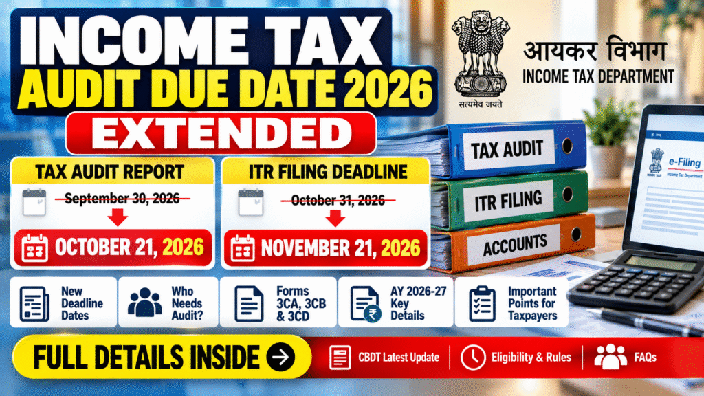 Income Tax Audit Due Date 2026 extended for AY 2026-27. Check the new October 21 tax audit deadline, November 21 ITR deadline, eligibility, forms and key details