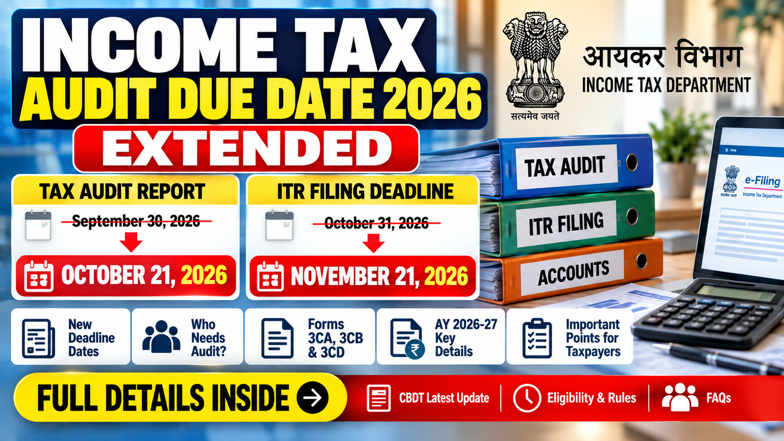 Income Tax Audit Due Date 2026 extended for AY 2026-27. Check the new October 21 tax audit deadline, November 21 ITR deadline, eligibility, forms and key details