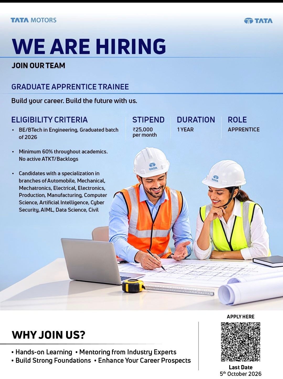 Tata Motors Recruitment 2026 for Graduate Apprentice Trainee. B.E./B.Tech 2026 graduates can check 60% eligibility, ₹25,000 stipend, branches and apply link.