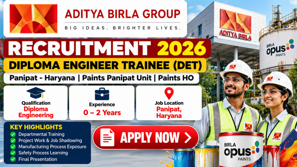 Aditya Birla Group Recruitment 2026 for Diploma Engineer Trainee at Paints Panipat Unit. Check 10 openings, 0–2 years experience, training details and apply link.