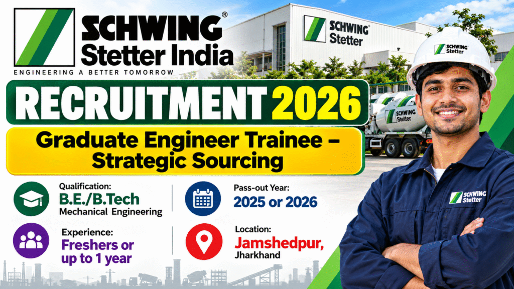 Schwing Stetter India Recruitment 2026 – Graduate Engineer Trainee opportunity for Mechanical Engineering graduates in Jamshedpur.