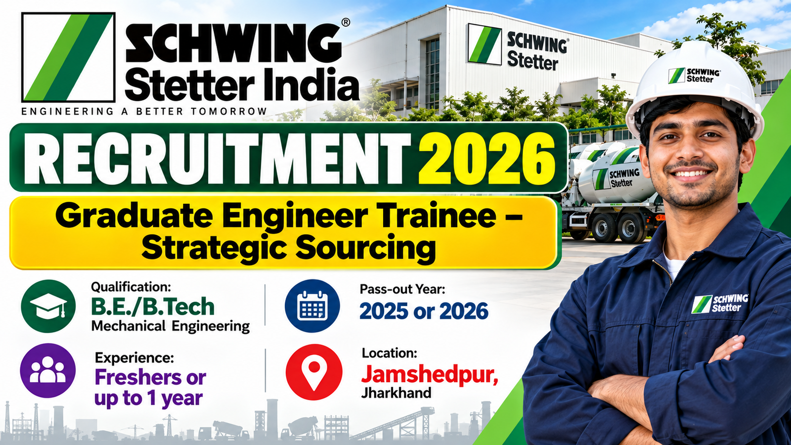 Schwing Stetter India Recruitment 2026 – Graduate Engineer Trainee opportunity for Mechanical Engineering graduates in Jamshedpur.